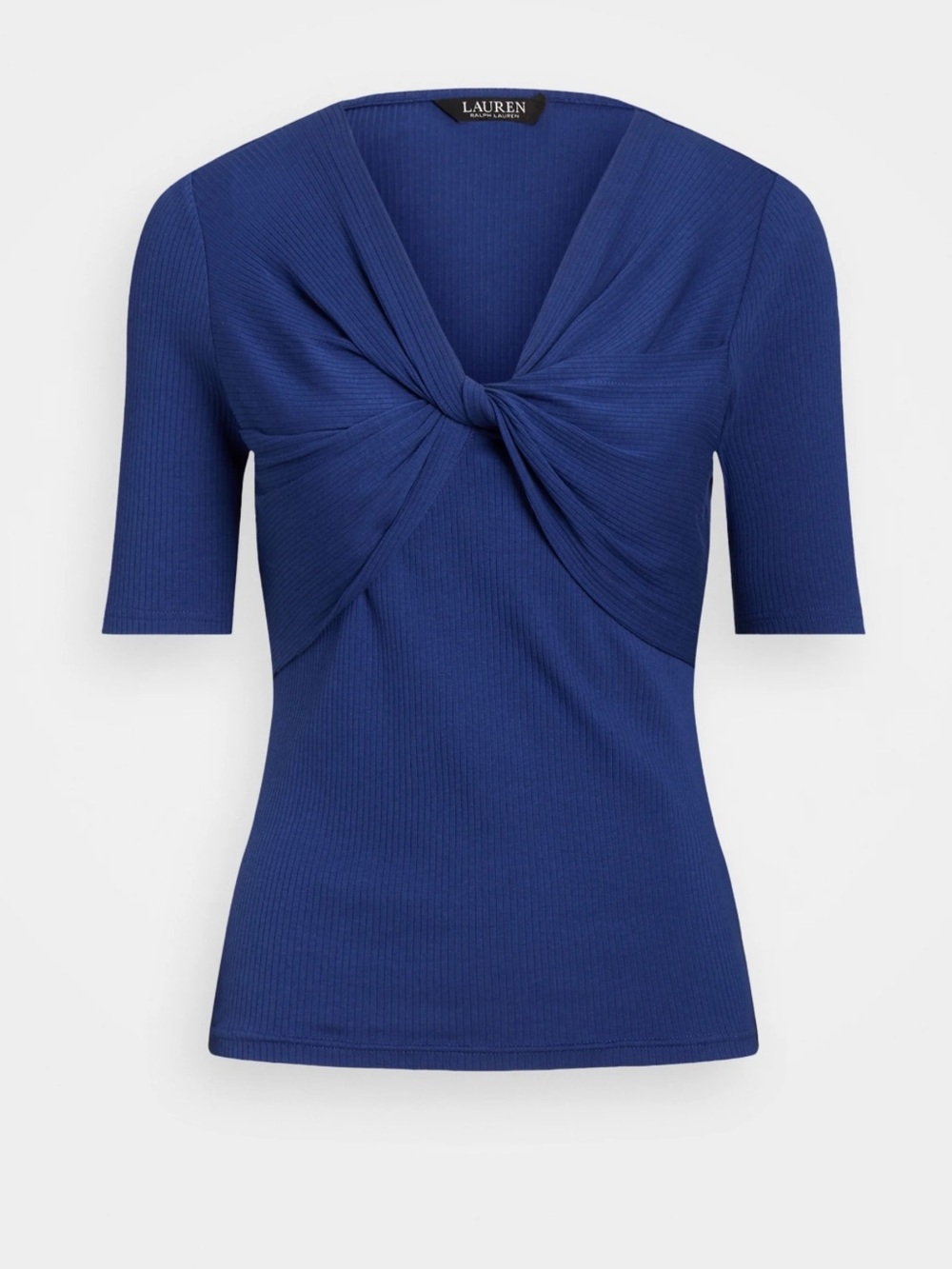 New XS Lauren Ralph Lauren Blue Twist Front Rib Knit Short Sleeve Top